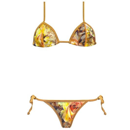 Iza modello 100% tessuto neoprene , fantasia floreale con colori caldi .  Triangolo con coppette preformate e laccetti . Brasiliana  con laccetti 